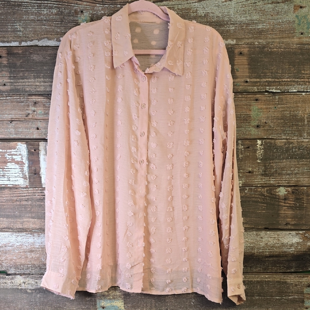 Pink Textured Button-Up Blouse, Size 2X